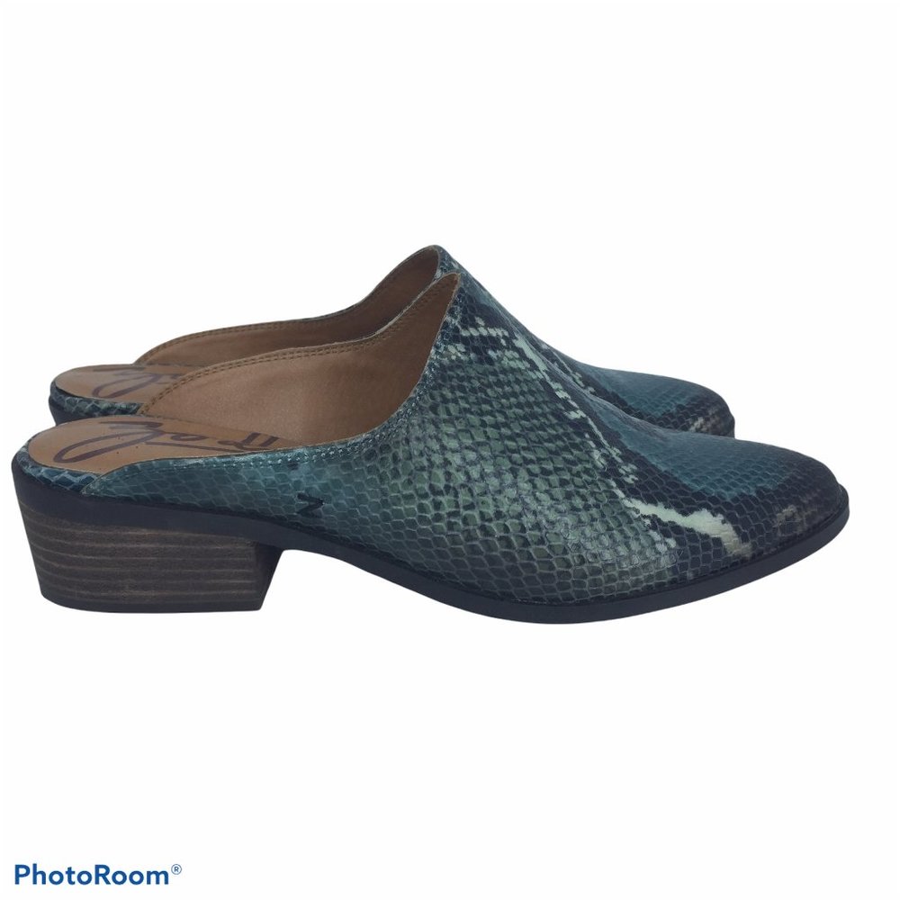 Zodiac Teal Snake-Print Leather Mules